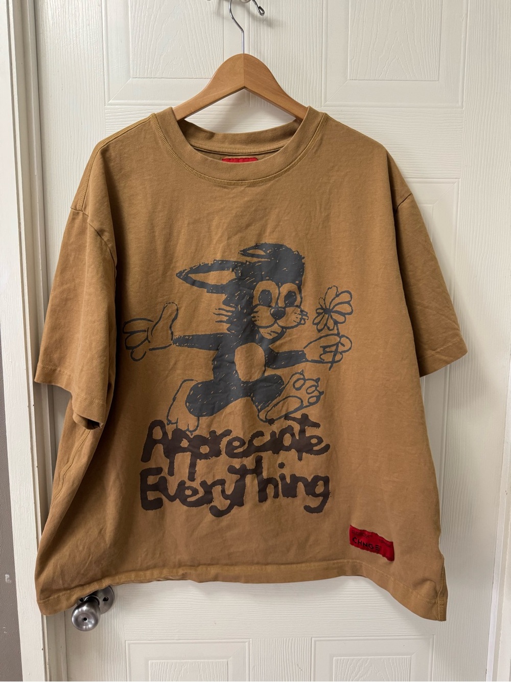 CHNGE Tan Crewneck Tee with Red Logo Tag